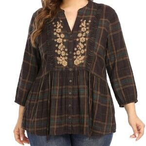 Phases Plaid Embroidered Blouse Womens 1X Brown Teal Excellent Boho Empire Waist